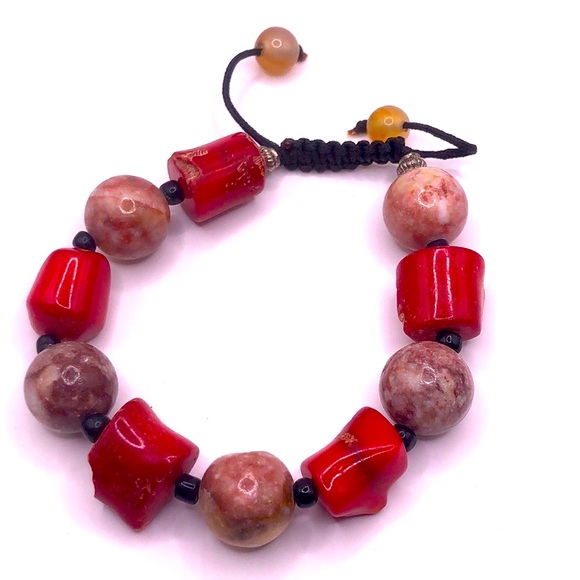 Boho Red Coral Polished Garnet Gemstone Bead Bracelet Adjustable - Picture 1 of 7